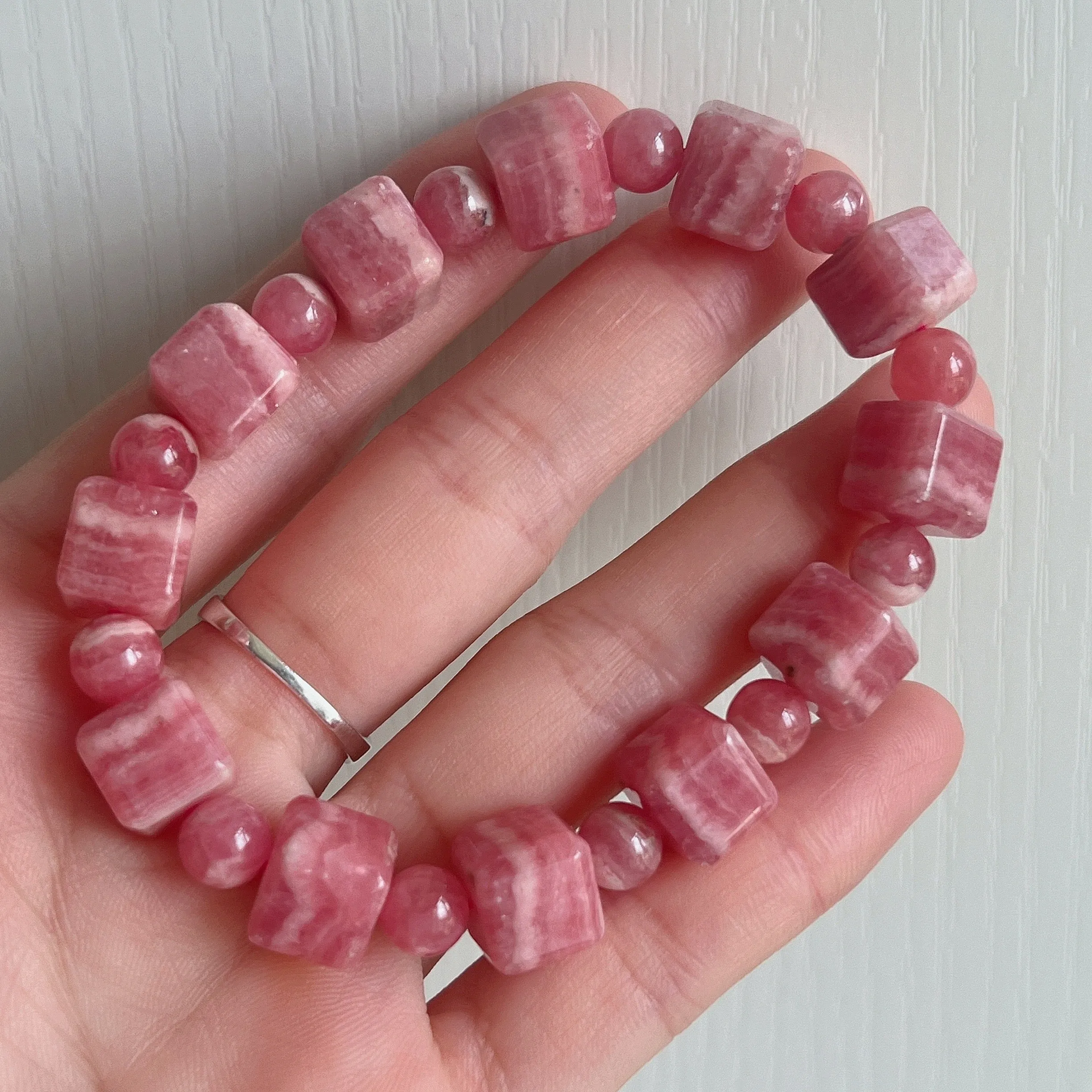 10mm Beautiful Bacon Rhodochrosite Bracelet Unique Cube Shape | Heart Chakra Reiki Healing Improve Relationship Marriage