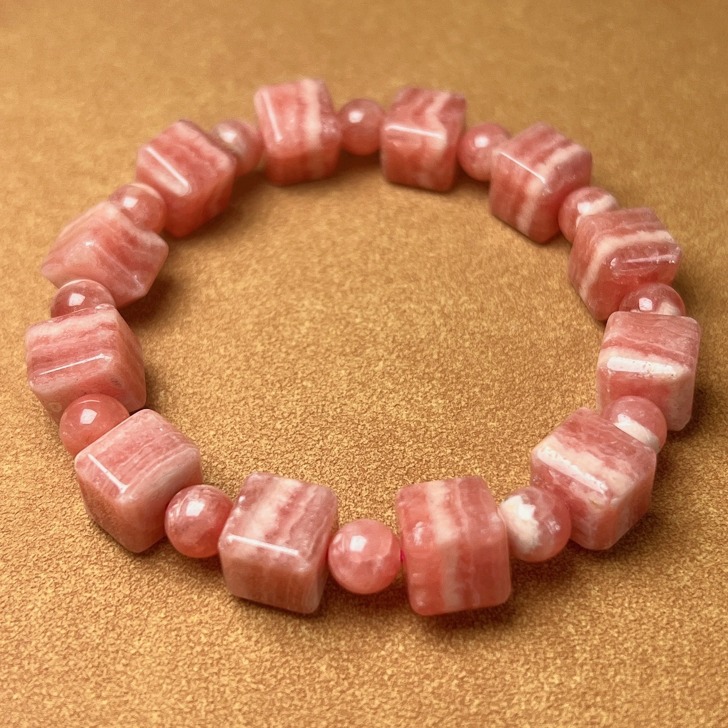 10mm Beautiful Bacon Rhodochrosite Bracelet Unique Cube Shape | Heart Chakra Reiki Healing Improve Relationship Marriage