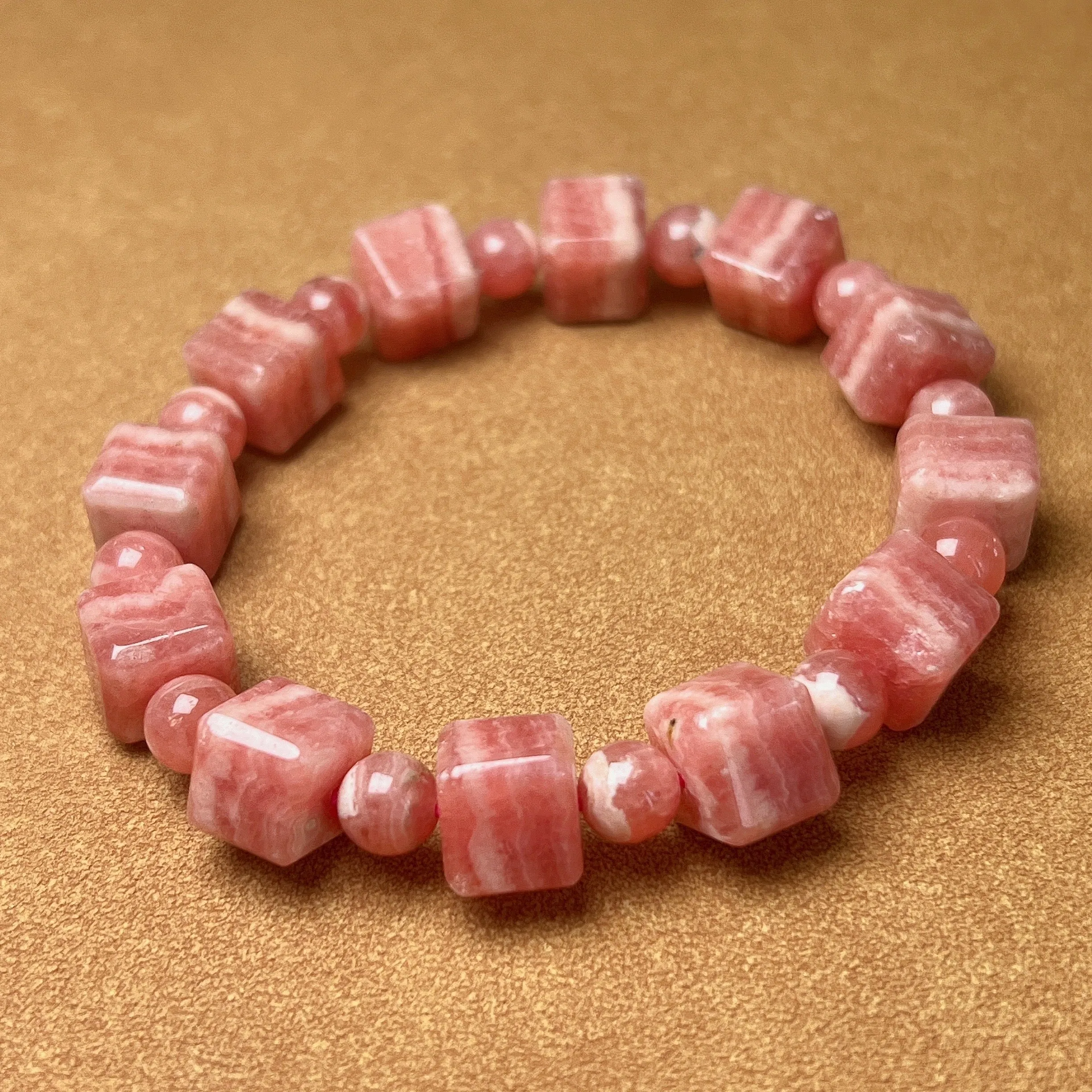 10mm Beautiful Bacon Rhodochrosite Bracelet Unique Cube Shape | Heart Chakra Reiki Healing Improve Relationship Marriage