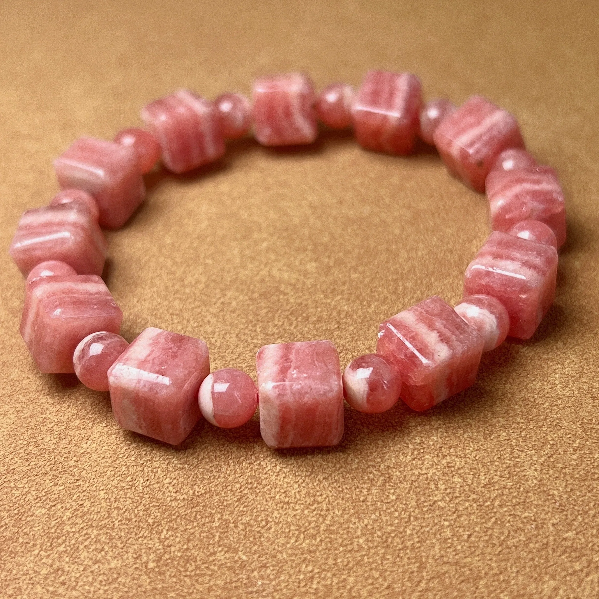 10mm Beautiful Bacon Rhodochrosite Bracelet Unique Cube Shape | Heart Chakra Reiki Healing Improve Relationship Marriage