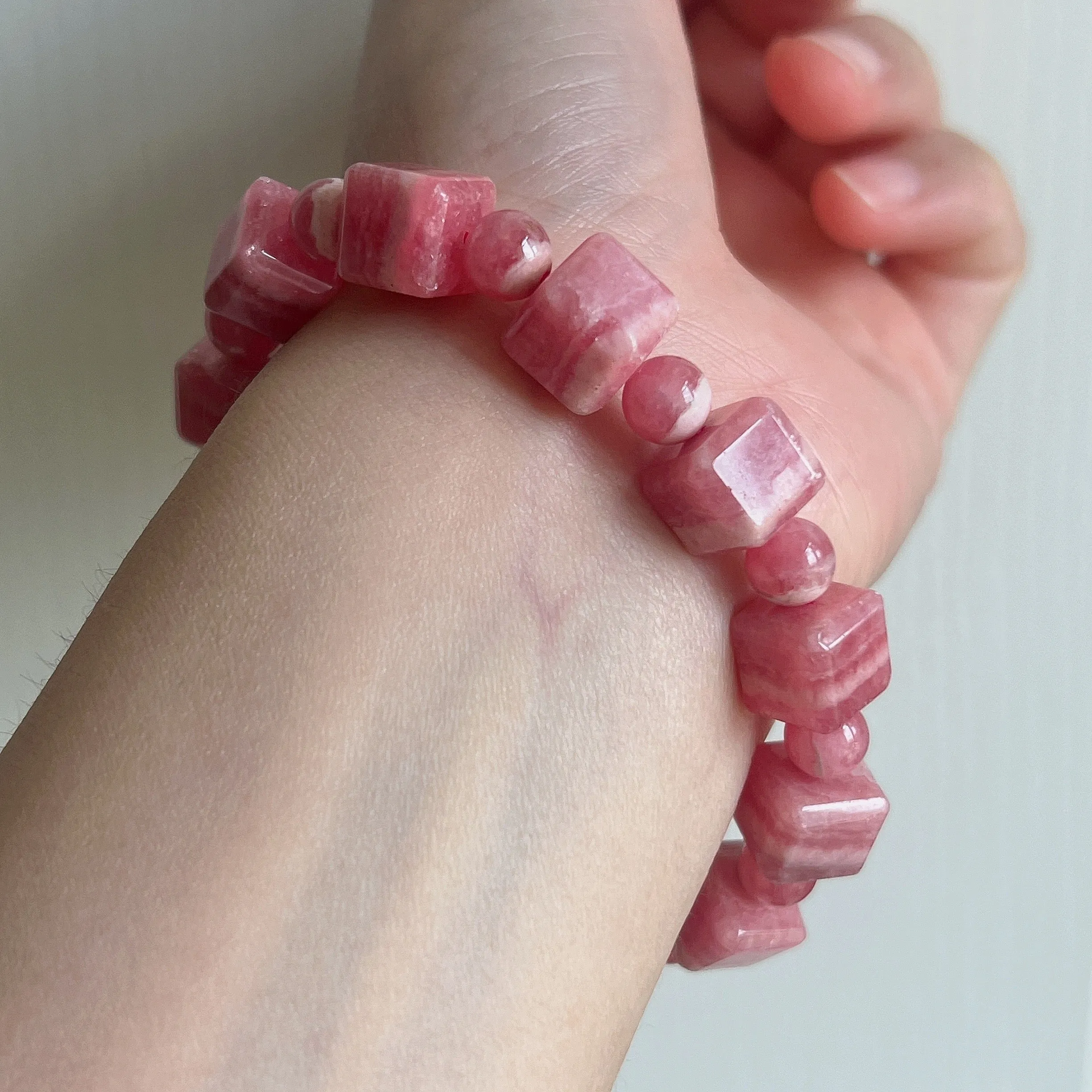 10mm Beautiful Bacon Rhodochrosite Bracelet Unique Cube Shape | Heart Chakra Reiki Healing Improve Relationship Marriage