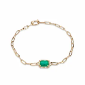 14K Gold Emerald and Diamond Paper Clip Chain Bracelet