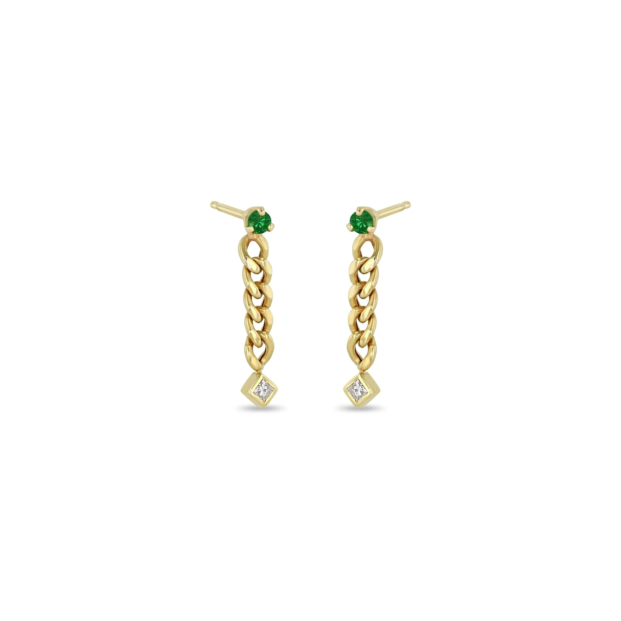 14k Prong Emerald & Princess Diamond Small Curb Chain Drop Earrings