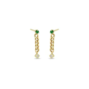 14k Prong Emerald & Princess Diamond Small Curb Chain Drop Earrings