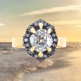 1.72ct Antique Old Mine Cut Diamond and Blackened Halo Antique Style ring in 18k Yellow Gold