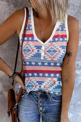 4th of July Blue US Flag Star Print Tank Top