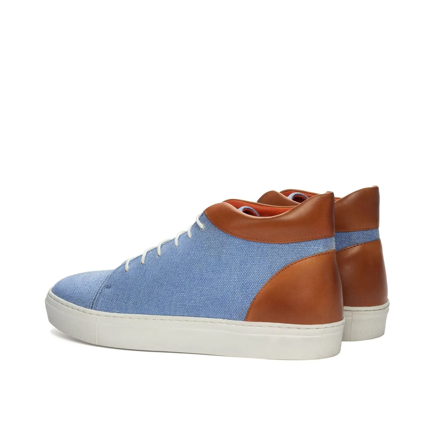 Ambrogio Bespoke Custom Men's Shoes Blue & Cognac Linen / Calf-Skin Leather High-Top Sneakers (AMB2134)