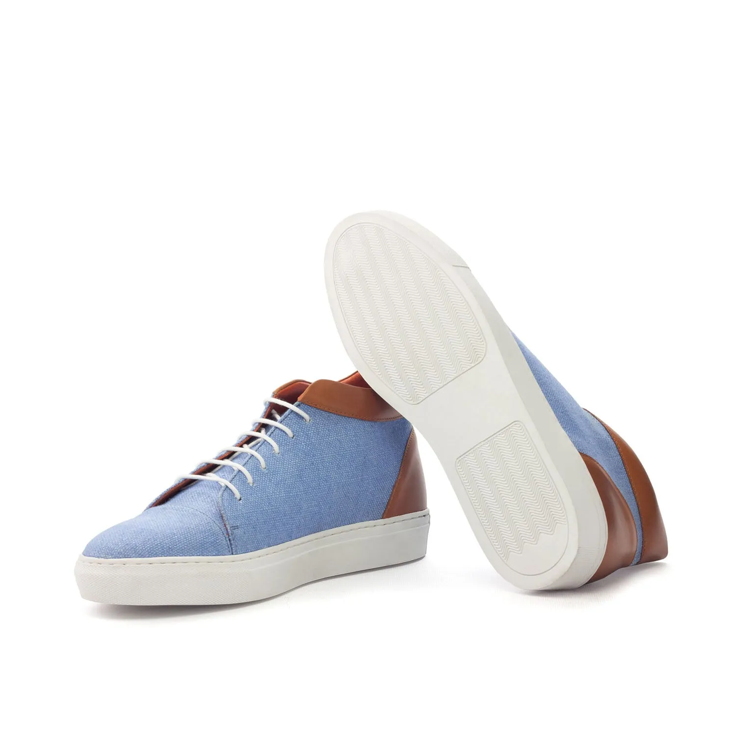 Ambrogio Bespoke Custom Men's Shoes Blue & Cognac Linen / Calf-Skin Leather High-Top Sneakers (AMB2134)