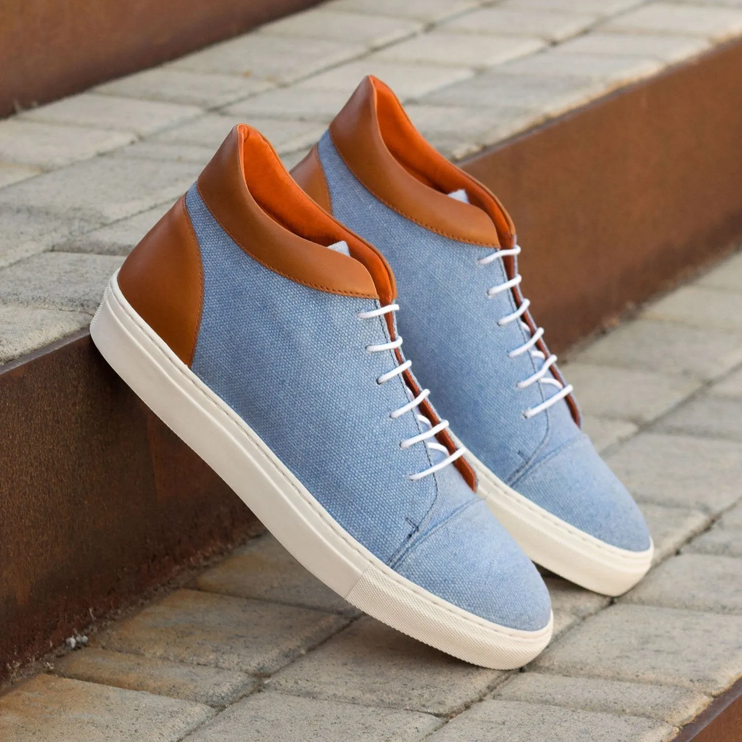 Ambrogio Bespoke Custom Men's Shoes Blue & Cognac Linen / Calf-Skin Leather High-Top Sneakers (AMB2134)