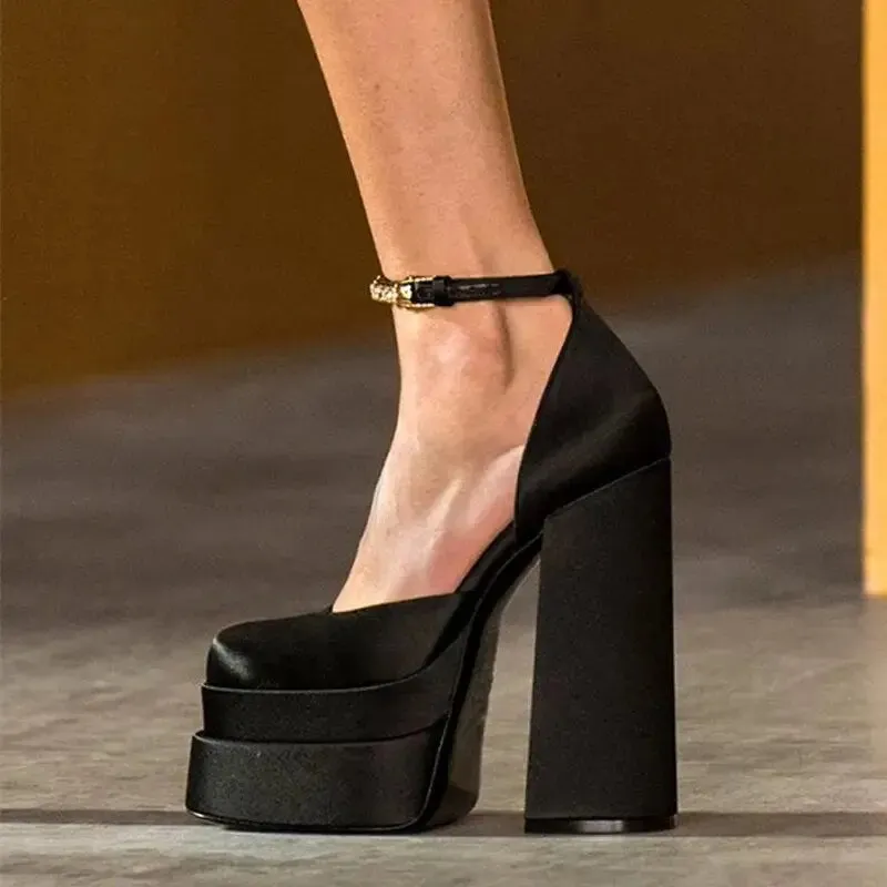 Ankle Buckle High Heels Platform Square Toe Pumps