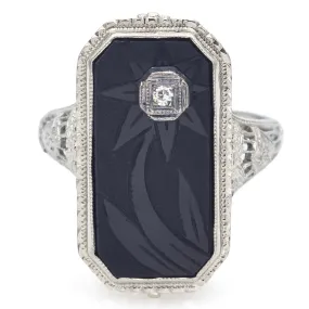 Antique 18K White Gold Black Onyx & Diamond Floral Rectangle Ring Size 6