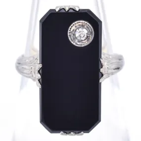 Antique 18K White Gold Black Onyx & Diamond Rectangle Ring Size 4