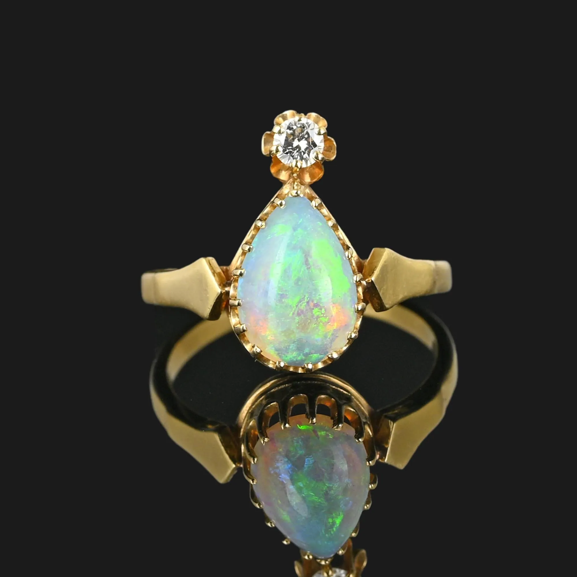 Antique Diamond Pear Cabochon Opal Ring in 14K Gold