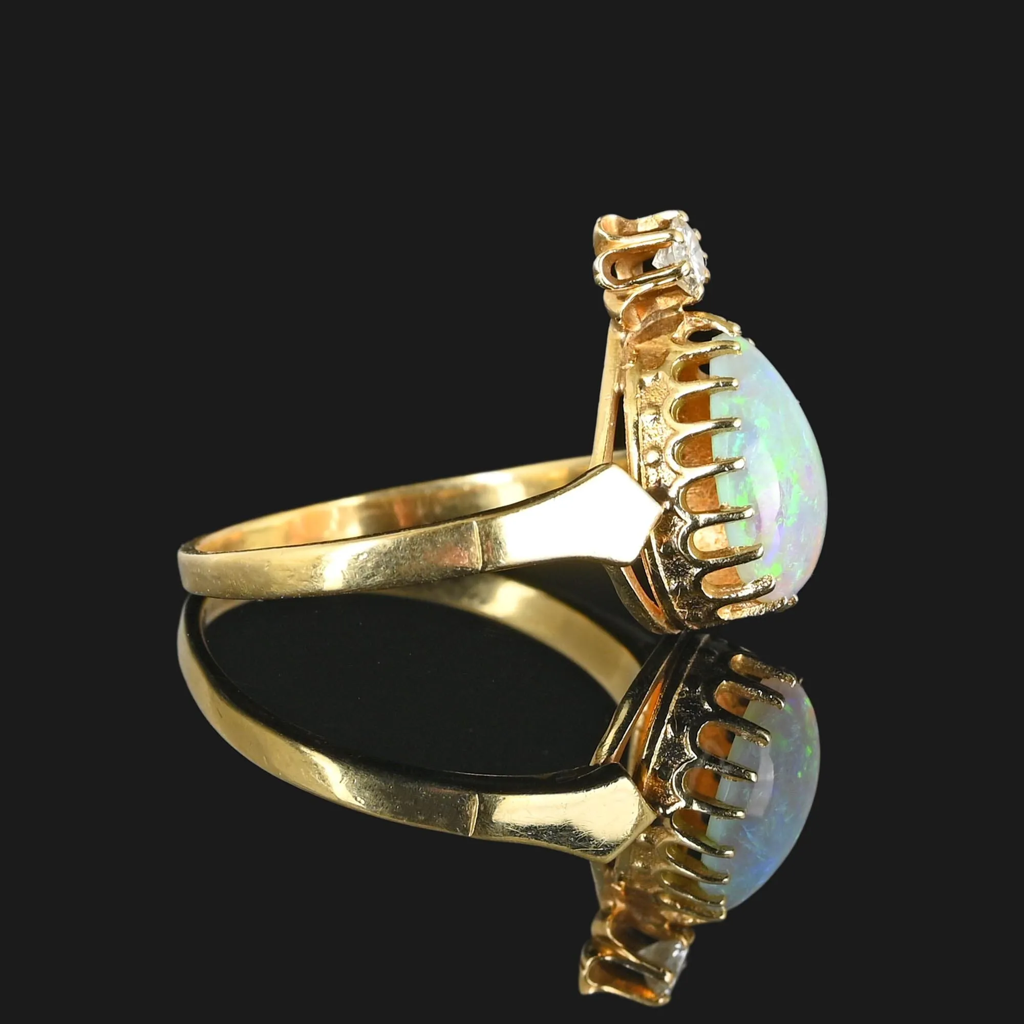 Antique Diamond Pear Cabochon Opal Ring in 14K Gold