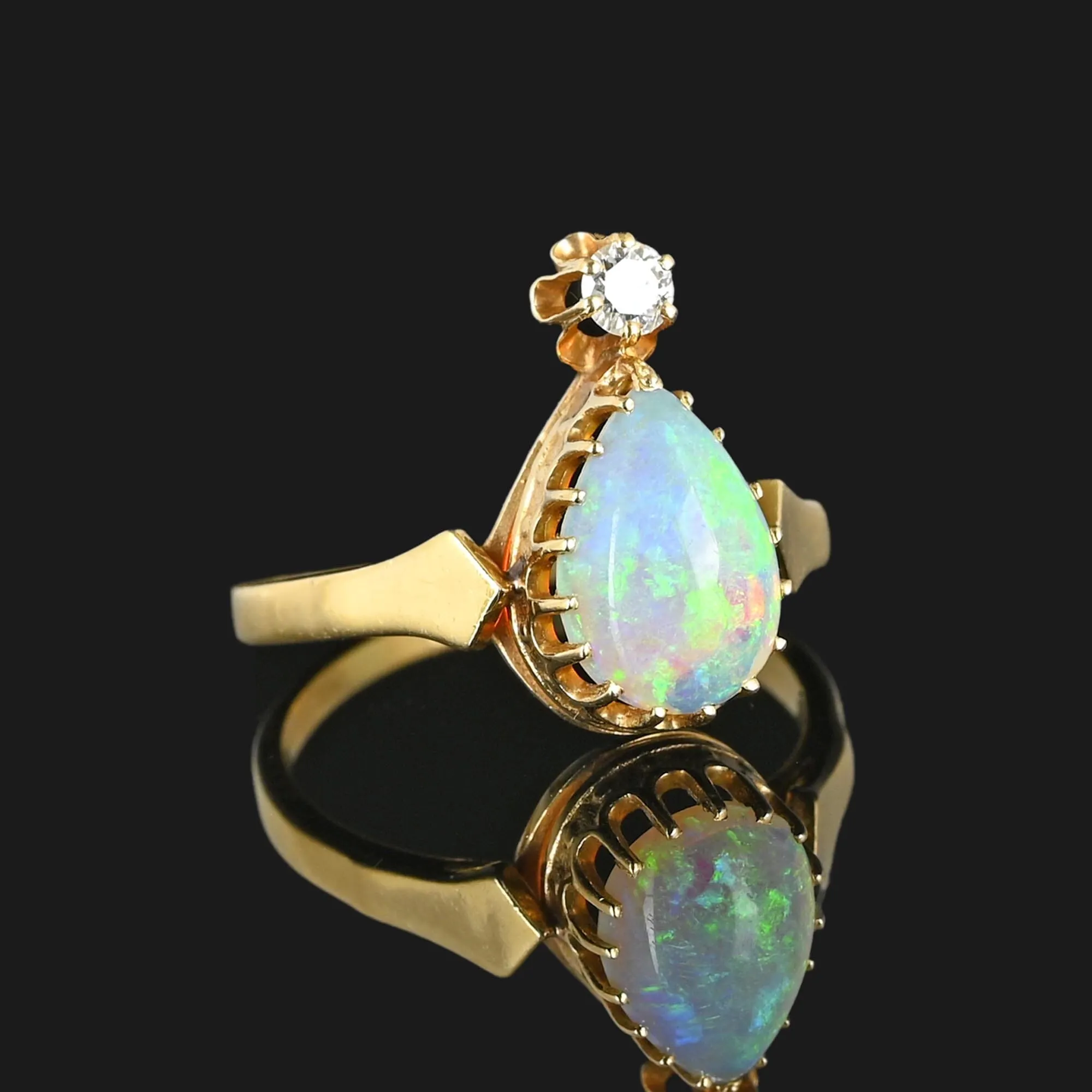 Antique Diamond Pear Cabochon Opal Ring in 14K Gold