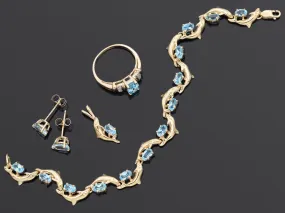 Bahamas 14K Yellow Gold Blue Topaz Diamond Bracelet Pendant Ring & Earrings Set