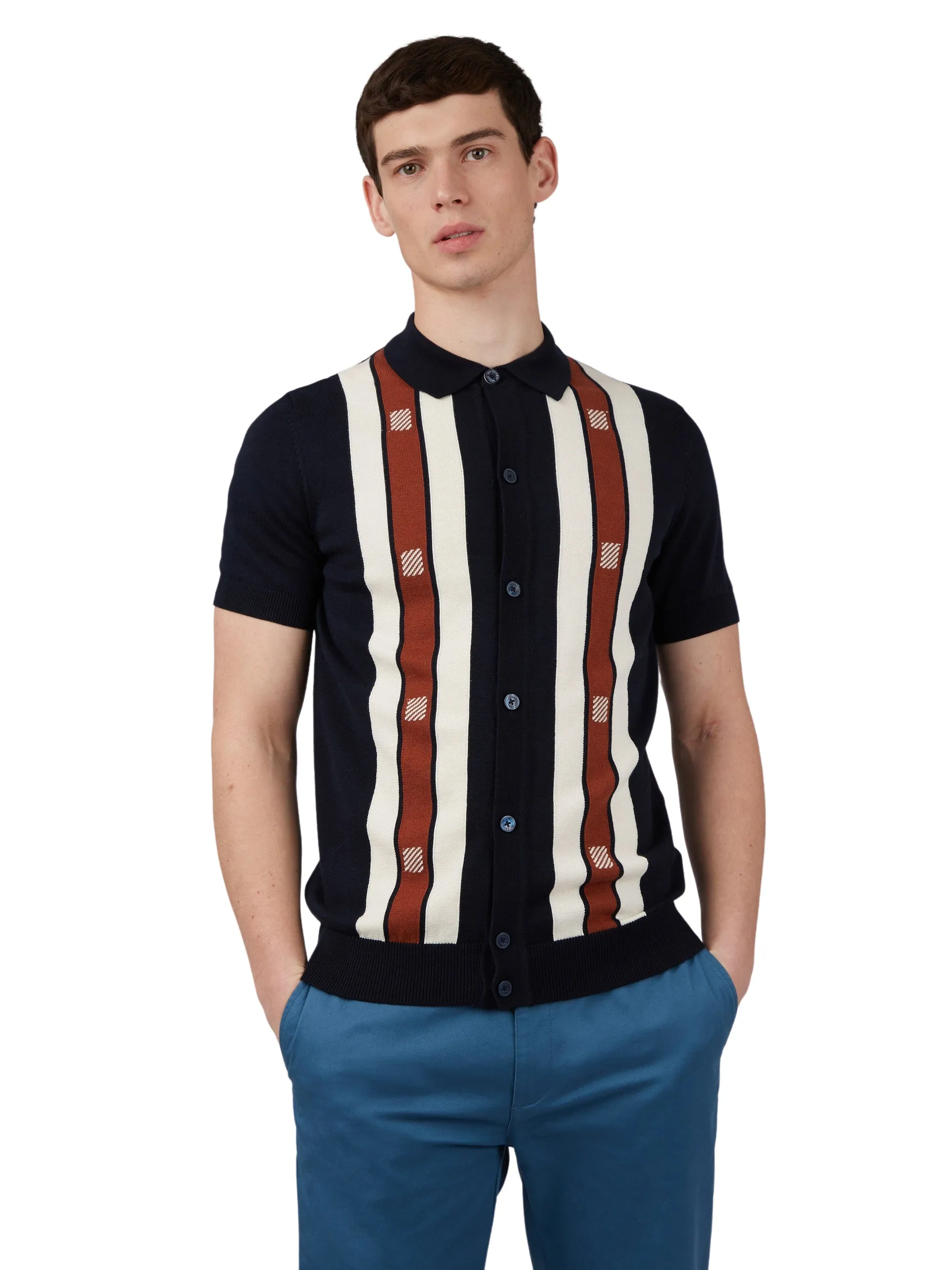 Ben Sherman Mens Knitted Button Through Mod Polo Shirt - Short Sleeved