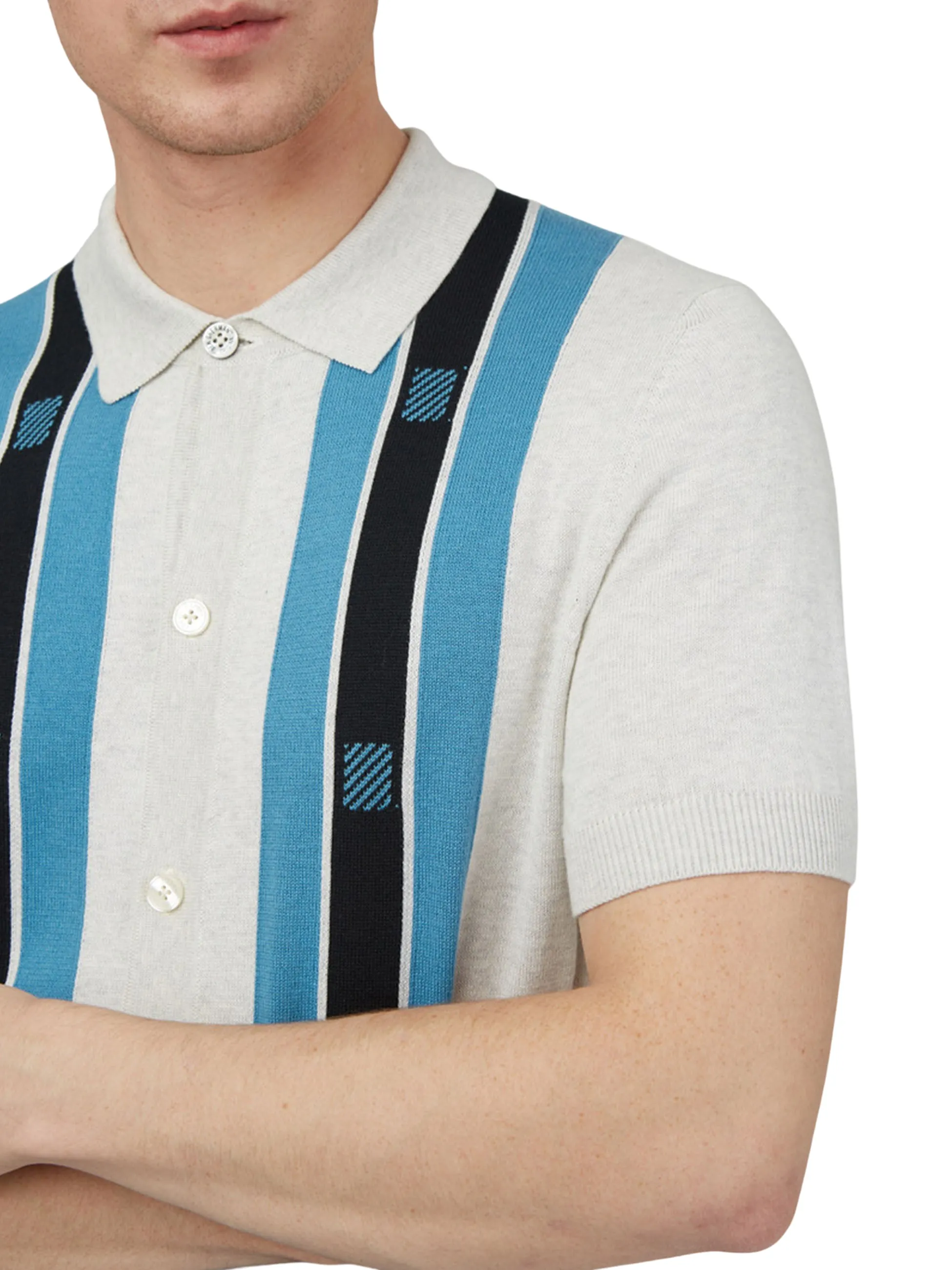 Ben Sherman Mens Knitted Button Through Mod Polo Shirt - Short Sleeved