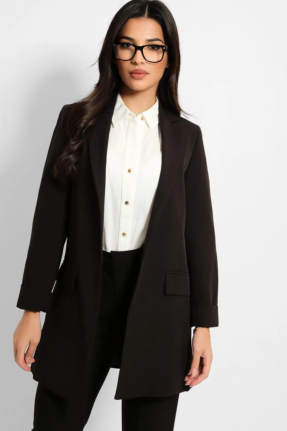 Black 3/4 Sleeve Open Front Long Blazer