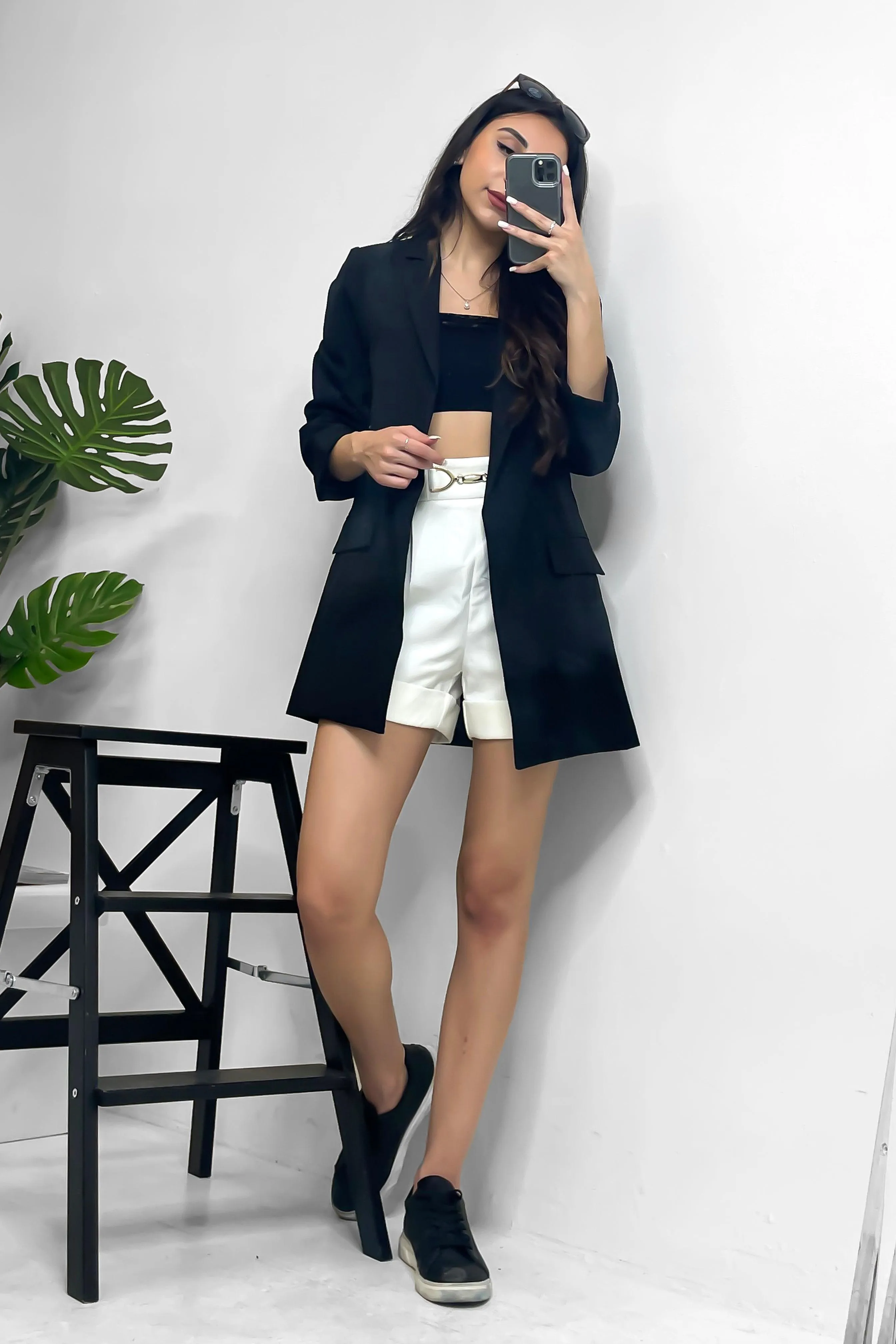 Black 3/4 Sleeve Open Front Long Blazer