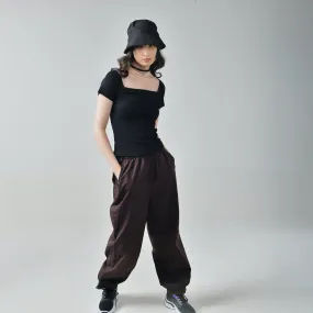 Black Square Neck Top & Brown Parachute Pants