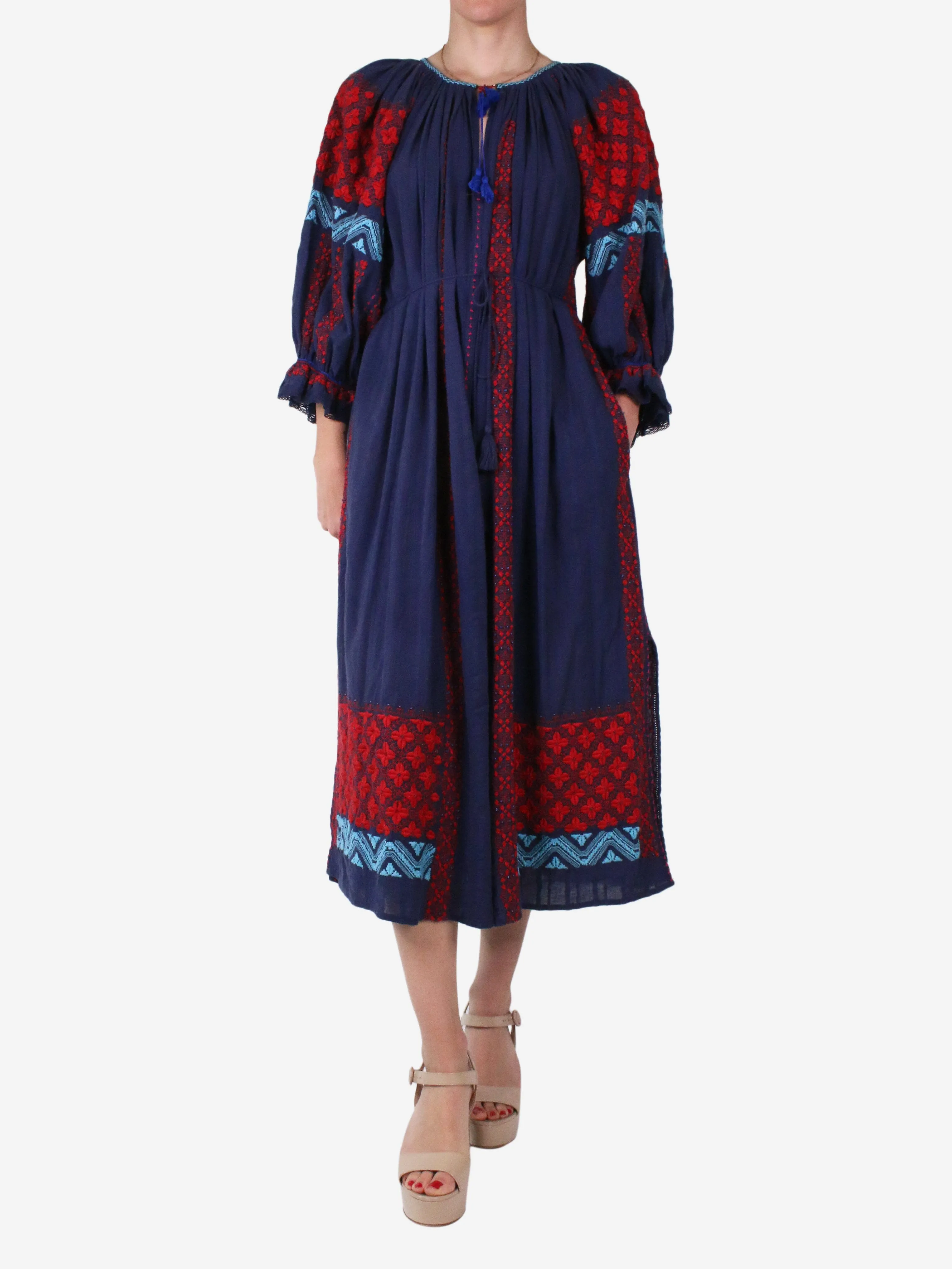 Blue long-sleeved dress with belt - size US 6