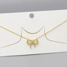 Bow Ribbon CZ Pave Pendant Gold Dipped Chain Necklace