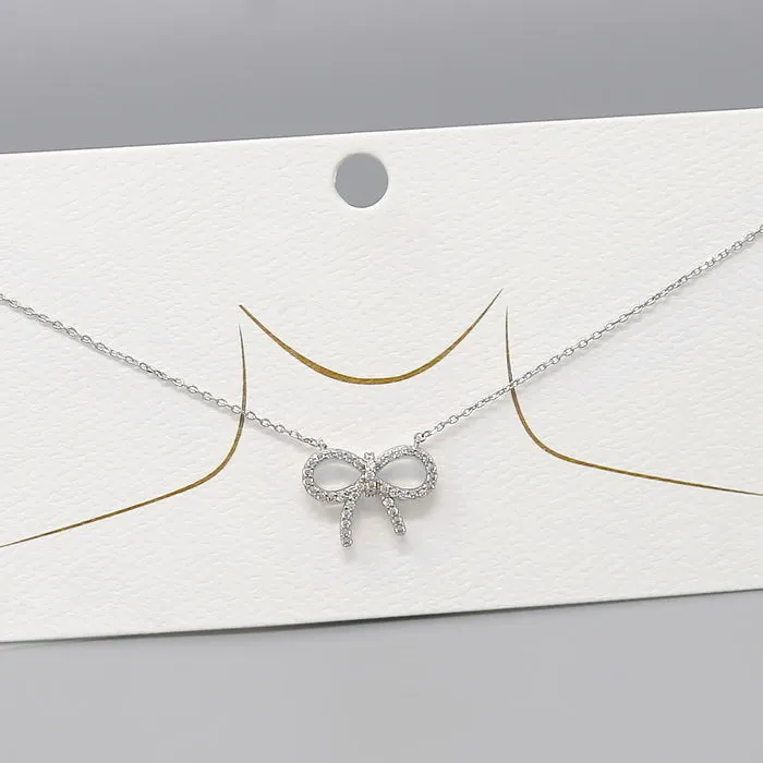 Bow Ribbon CZ Pave Pendant Gold Dipped Chain Necklace