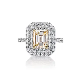 Briella 3 Carat K SI1 Emerald Cut Double Halo Diamond Engagement Ring in 18k White Gold By Mike Nekta. GIA Certified