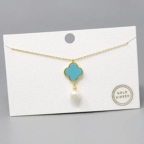 Clover With Pearl Pendant Gold Dipped Short Necklace