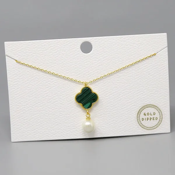 Clover With Pearl Pendant Gold Dipped Short Necklace