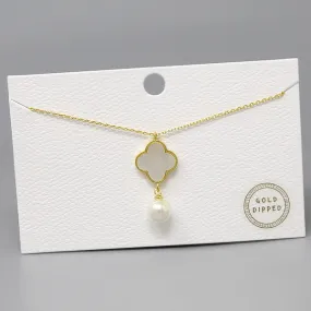 Clover With Pearl Pendant Gold Dipped Short Necklace