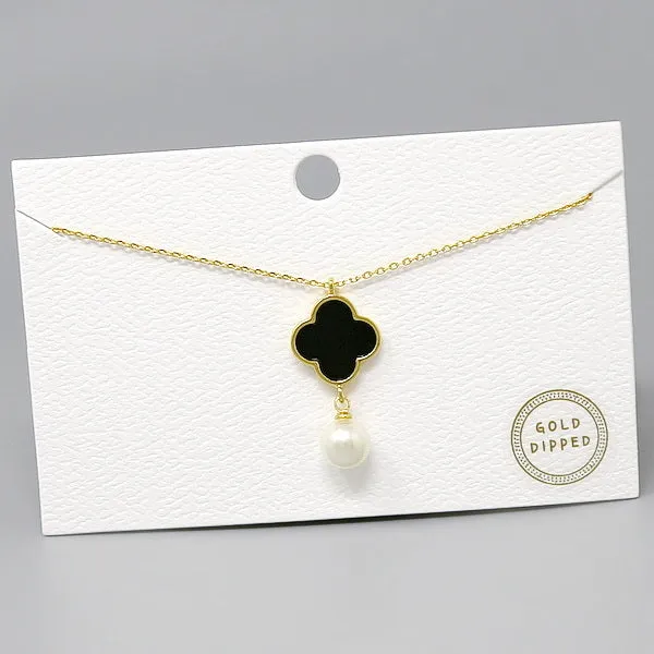 Clover With Pearl Pendant Gold Dipped Short Necklace