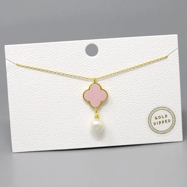 Clover With Pearl Pendant Gold Dipped Short Necklace