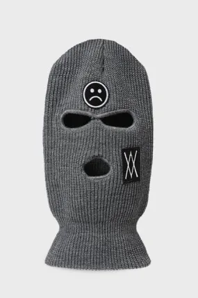 Grey 3 Holes Balaclava With Sad Face Embroidery