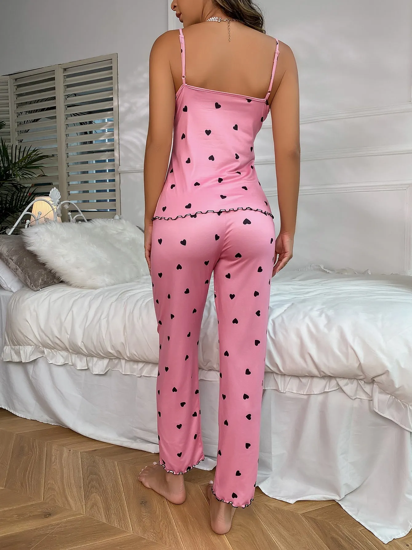 Heart Print Contrast Lace Bow Front Cami PJ Set