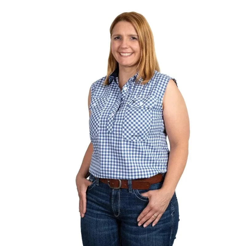 Just Country Womens Lilly Sleeveless Half Button Navy Check Workshirt