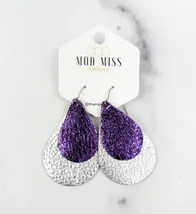 Leather Stacked Teardrop Earring Metallic Purple   Metallic Silver