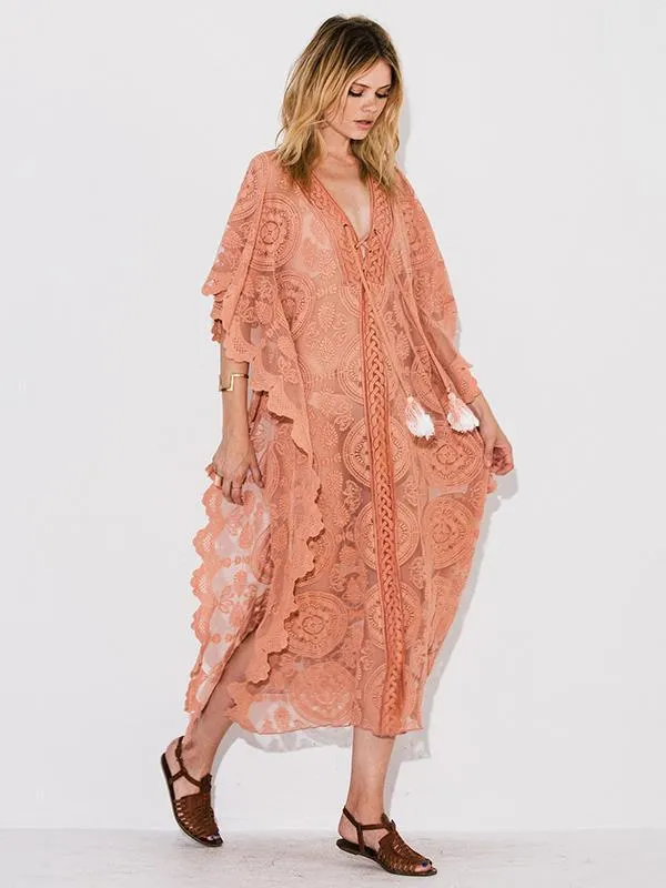 Mandala Mykonos Kaftan Blush Pink Lace Caftan Maxi Dress See Through Seductive Cover Up With Lace Up Front One Size