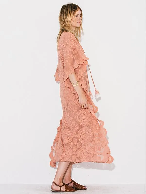 Mandala Mykonos Kaftan Blush Pink Lace Caftan Maxi Dress See Through Seductive Cover Up With Lace Up Front One Size