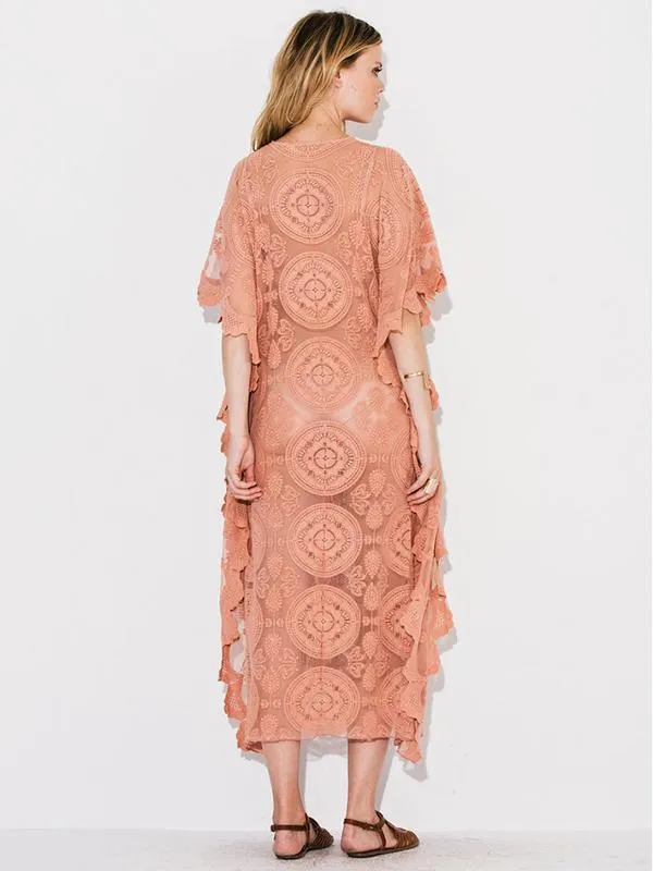 Mandala Mykonos Kaftan Blush Pink Lace Caftan Maxi Dress See Through Seductive Cover Up With Lace Up Front One Size