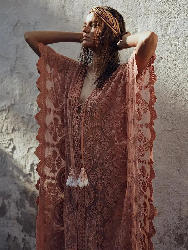 Mandala Mykonos Kaftan Blush Pink Lace Caftan Maxi Dress See Through Seductive Cover Up With Lace Up Front One Size