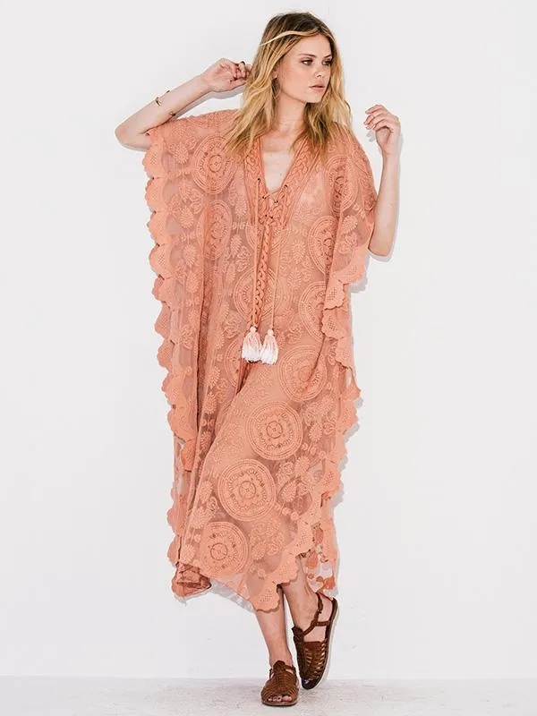 Mandala Mykonos Kaftan Blush Pink Lace Caftan Maxi Dress See Through Seductive Cover Up With Lace Up Front One Size