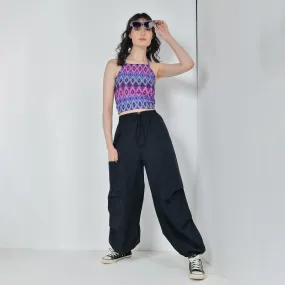 Pink  Halter Top & Black Air Parachute Pants Set