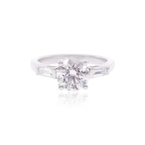 PLATINUM 2.00CT ROUND BRILLIANT CUT AND TAPERED BAGUETTE THREE-STONE ENGAGEMENT RING