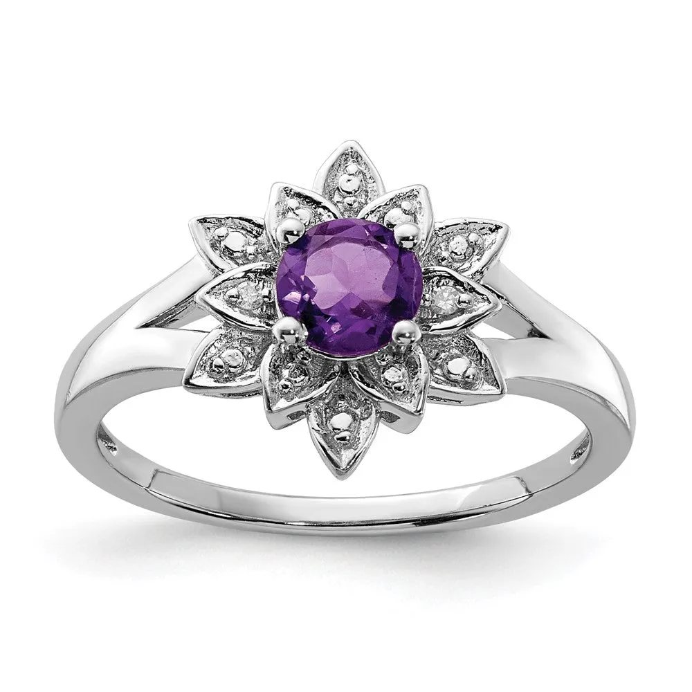 Rhodium-Plated Diamond & Amethyst Ring in Sterling Silver