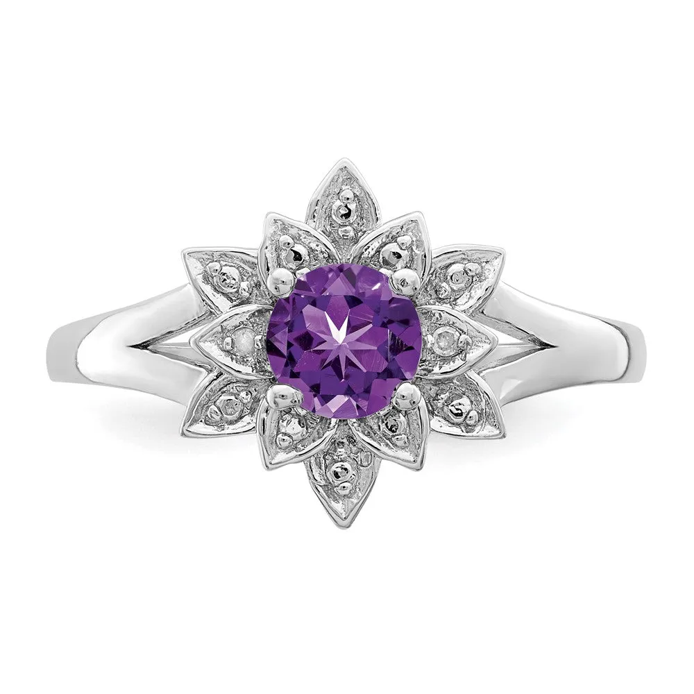 Rhodium-Plated Diamond & Amethyst Ring in Sterling Silver