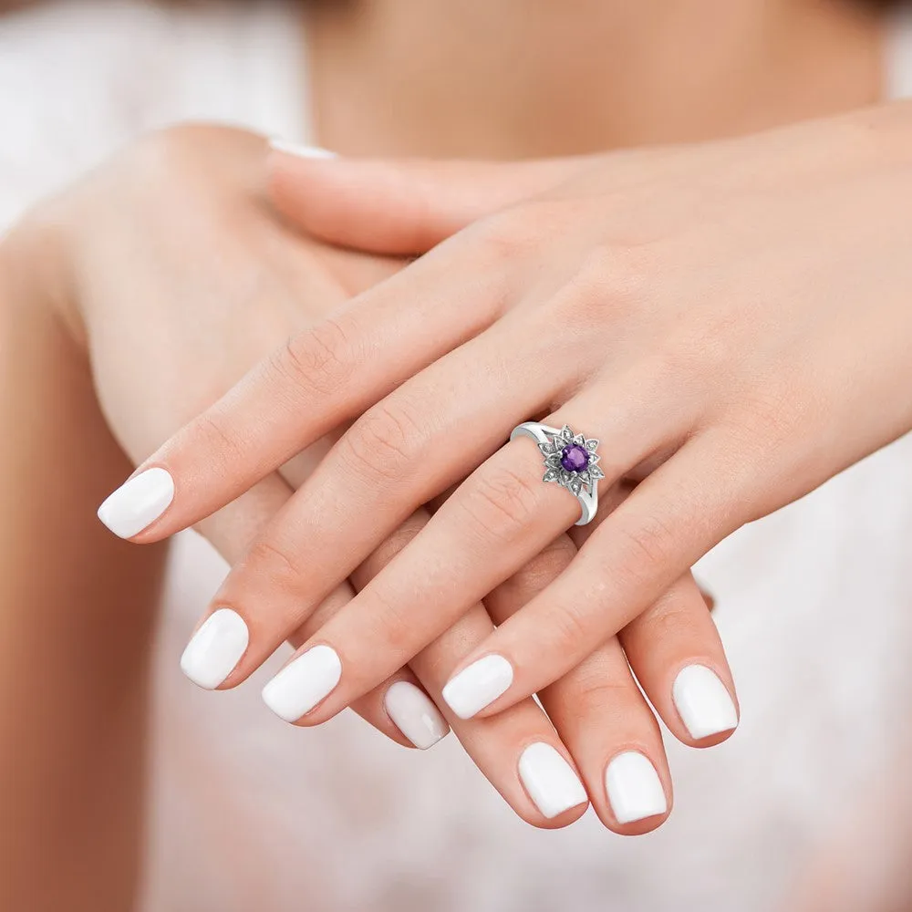 Rhodium-Plated Diamond & Amethyst Ring in Sterling Silver