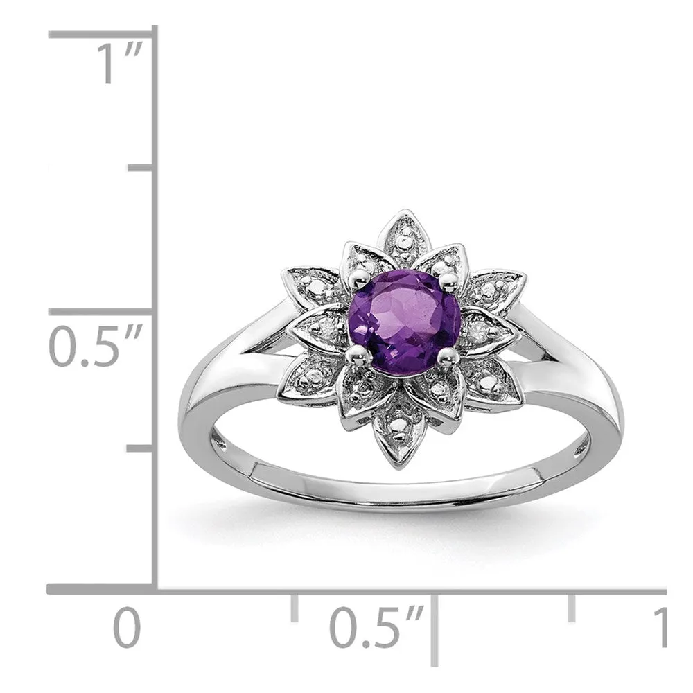 Rhodium-Plated Diamond & Amethyst Ring in Sterling Silver