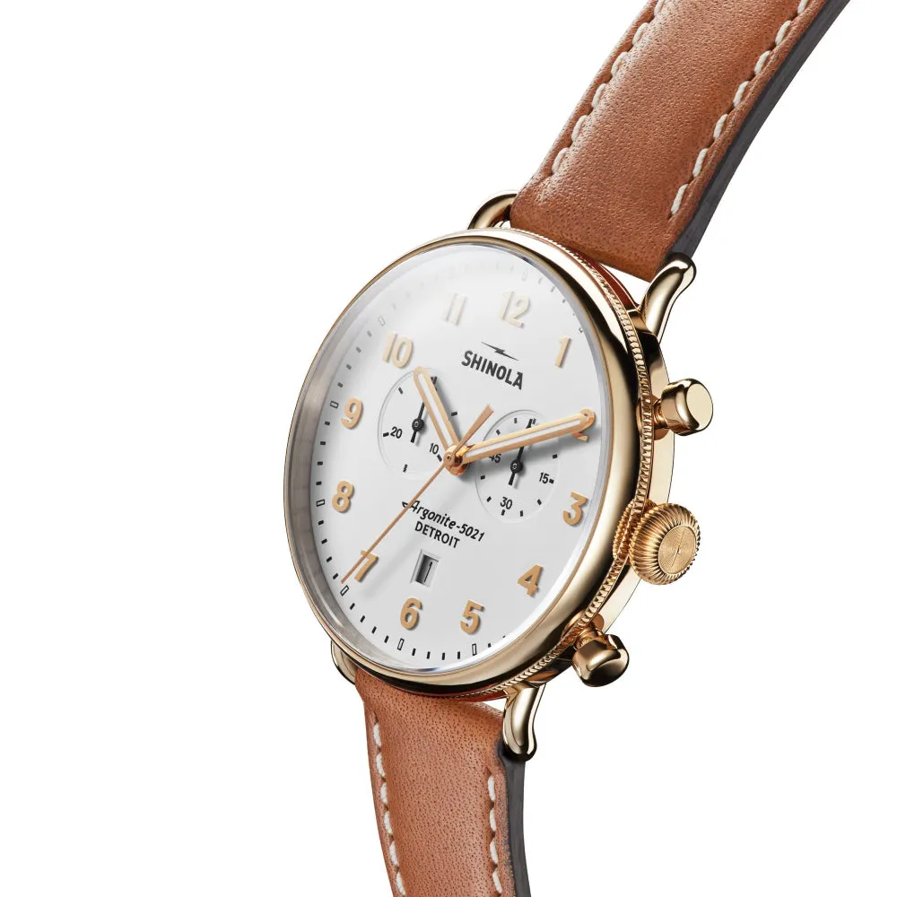 Shinola Canfield Chrono 43mm, White Dial / Brown Leather Strap